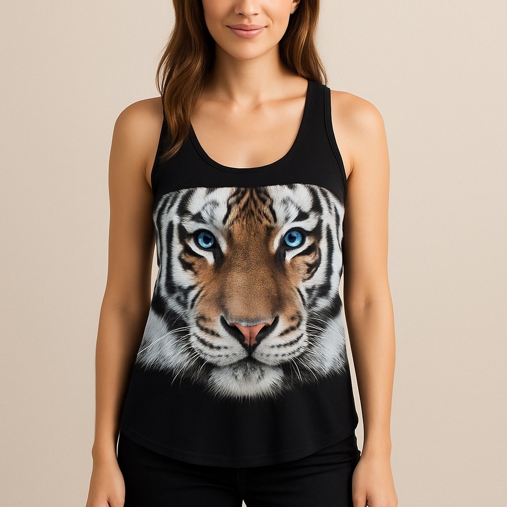 Nylon Apparel Tiger Face Graphic Tank‎ Top Black Blue Eyes Made in USA size S